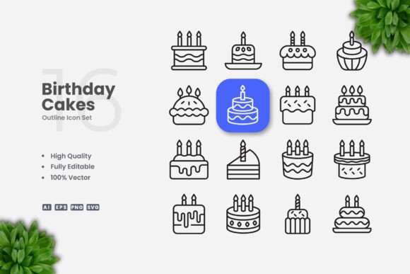 Birthday Cakes Outline Icons for Graphic Design