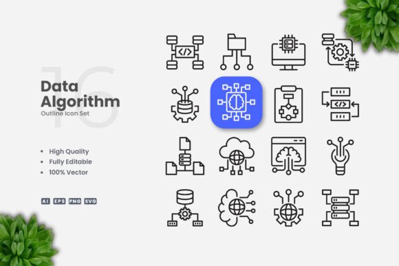 Data Algorithm Outline Icons for Modern Web Design
