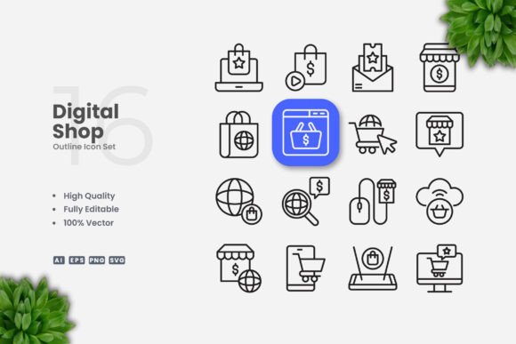 Digital Shop Outline Icons Graphics