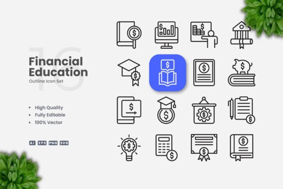 Financial Education Outline Icons for Clean Web Design