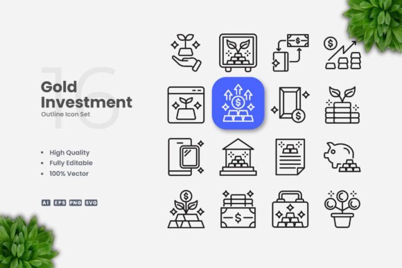 Gold Investment Outline Icons for Small Business Branding