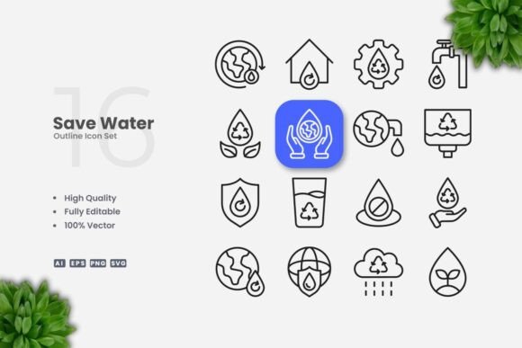 Save Water Outline Icons for Local Business Branding