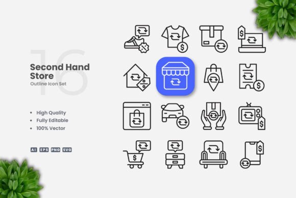Second Hand Store Outline Icons - Clean Graphics for Digital Selling