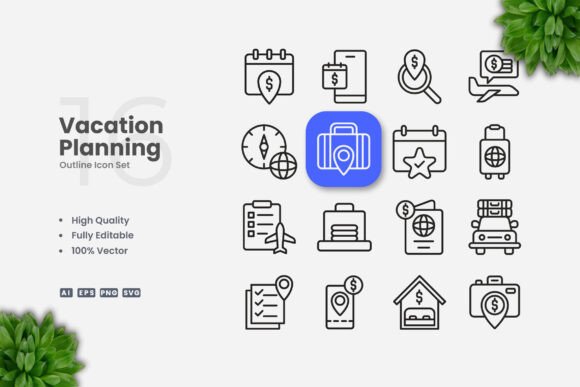 Vacation Planning Outline Icons for Modern Branding
