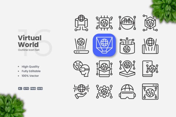 Virtual World Outline Icons for Digital and Print Projects