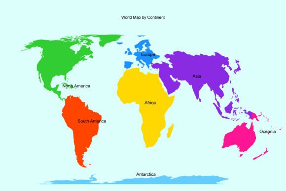 World Map by Continents Colorful Vector for Print Templates and Graphics