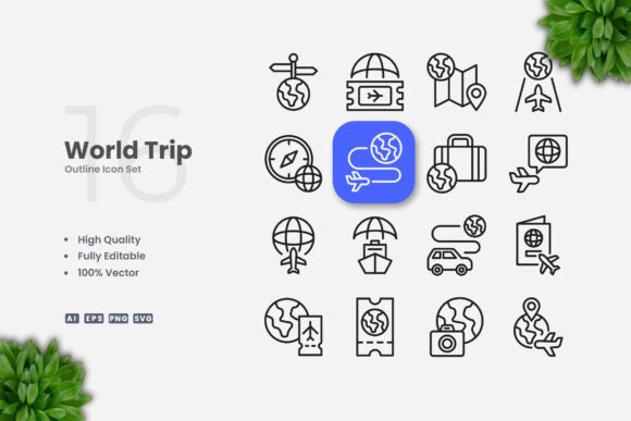 World Trip Outline Icons for Graphic Design Projects